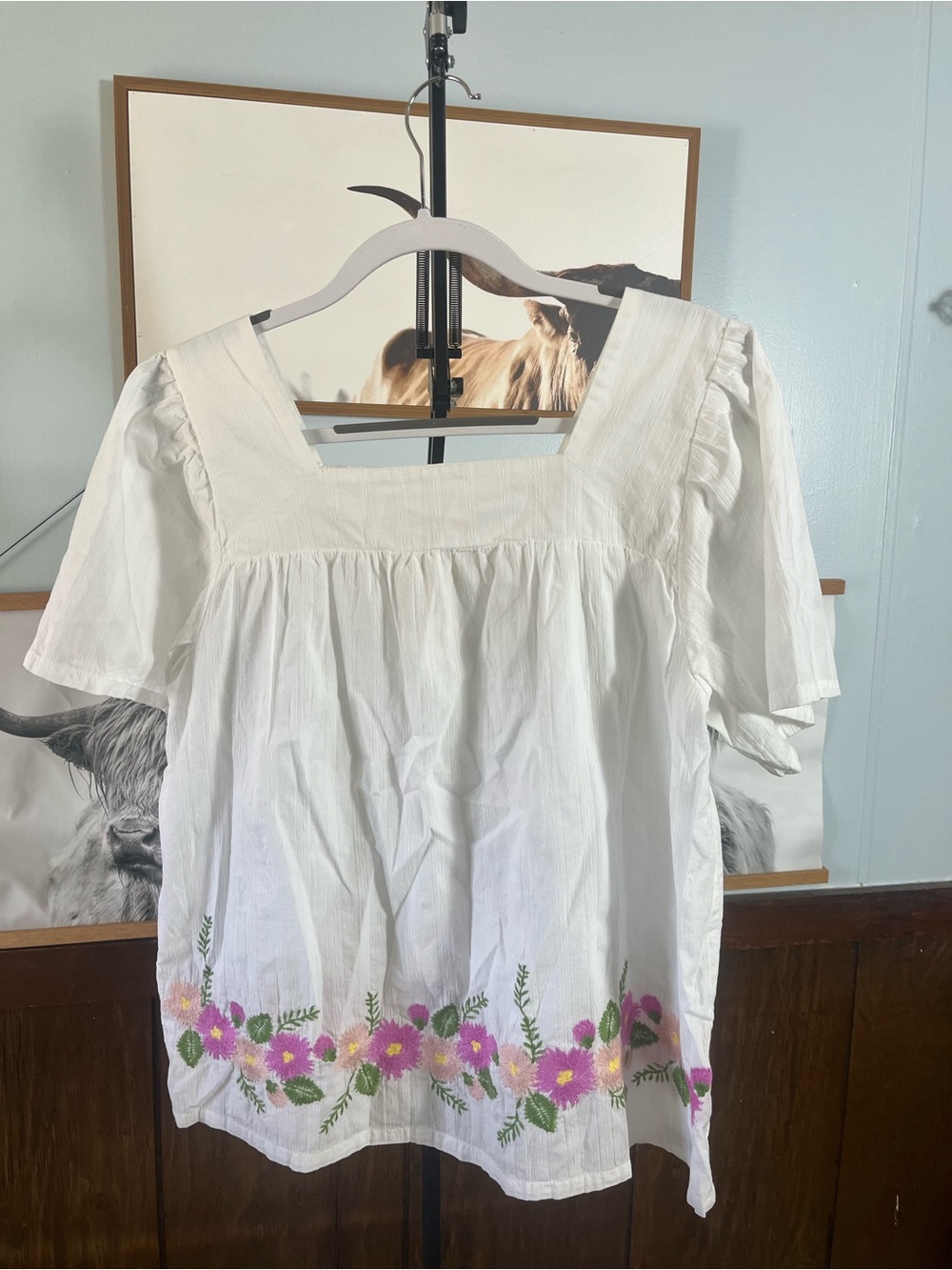 Matilda Jane White Square-Neck Blouse with Pink & Green Floral Embroidery